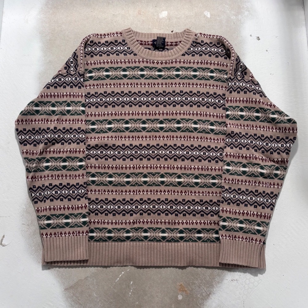 Dockers Mens XL Vintage Fair Isle Cotton Knit Sweater Tan Green Burgundy Knit